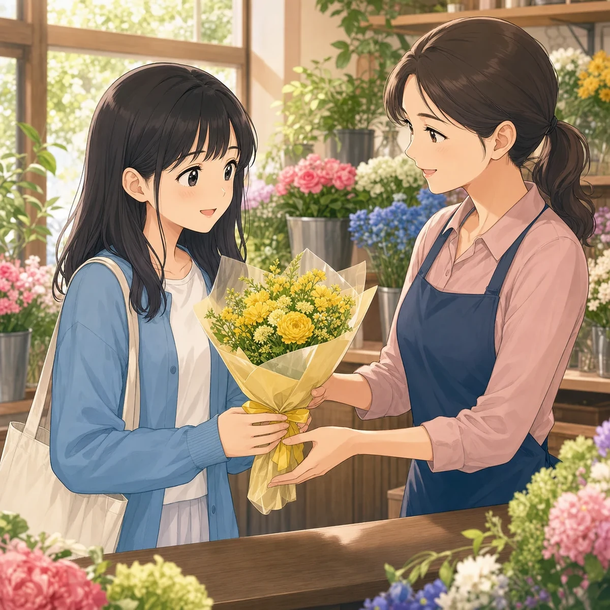 花屋で祖母への花束を選ぶの例題イラスト