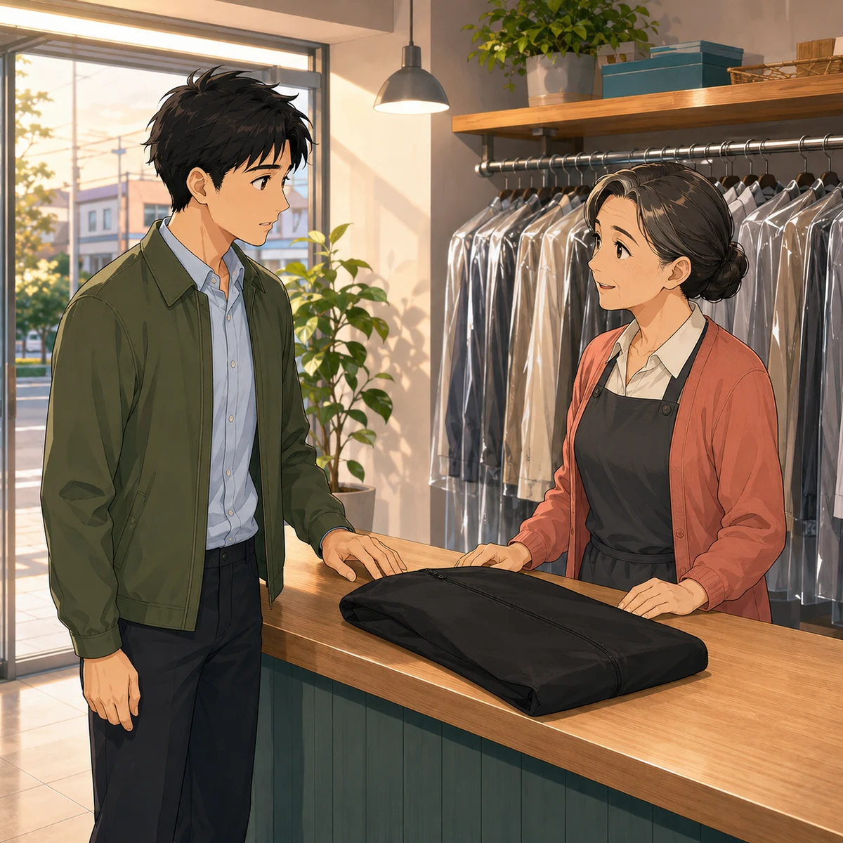 クリーニング店で似た黒いバッグの取り違えを相談する