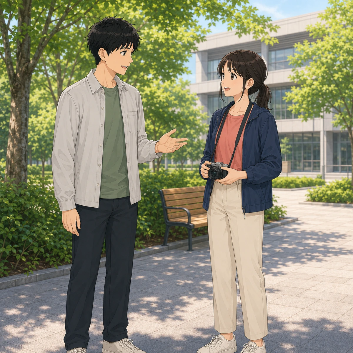 公園で写真の趣味について話すの例題イラスト