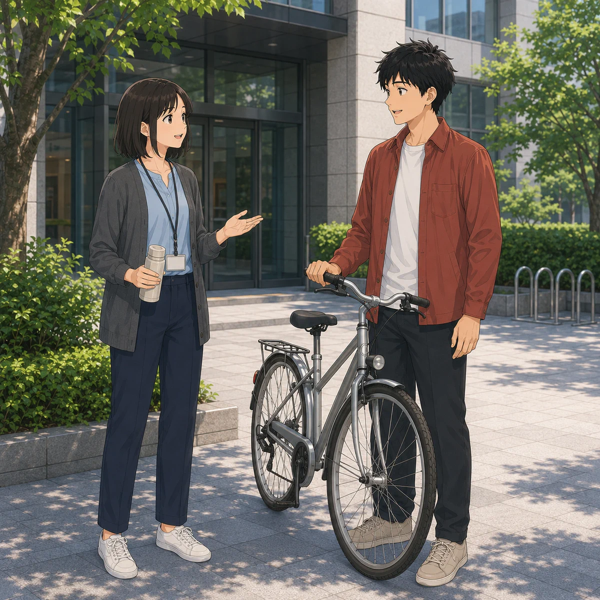 職場で自転車通勤の話を広げるの例題イラスト