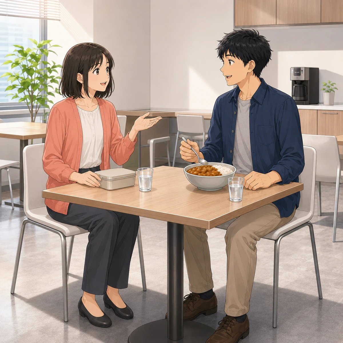 休憩室で辛い料理の話を広げるの例題イラスト