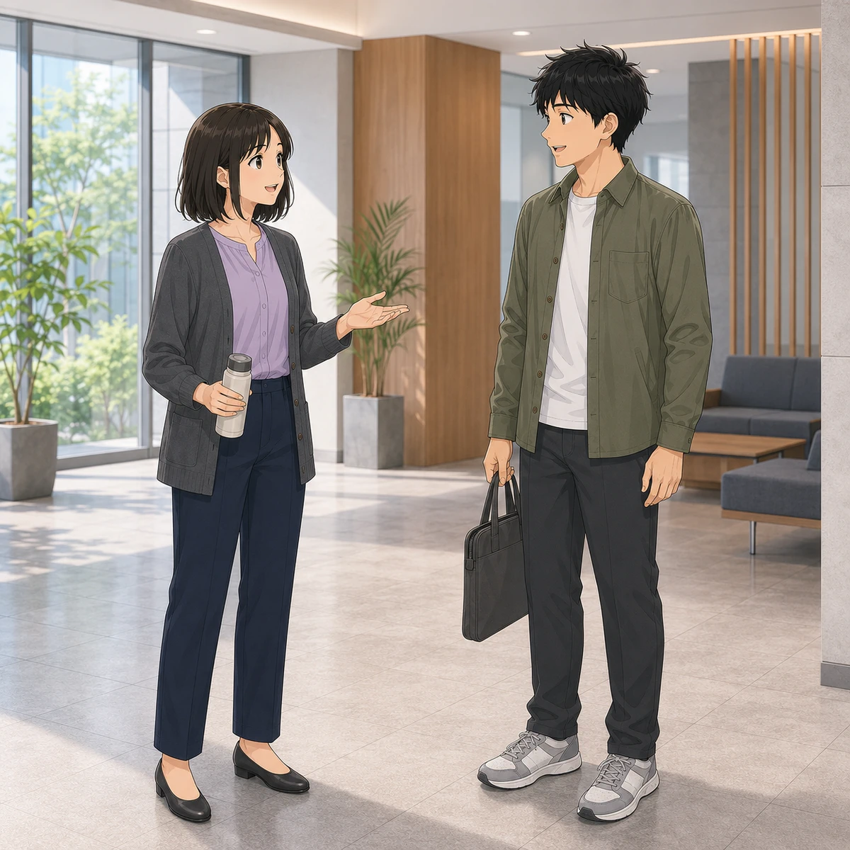 職場で新しい靴の話を広げるの例題イラスト