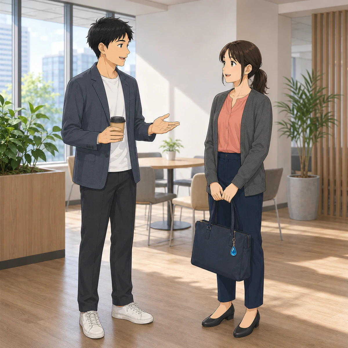 職場で旅のお土産から話を広げるの例題イラスト
