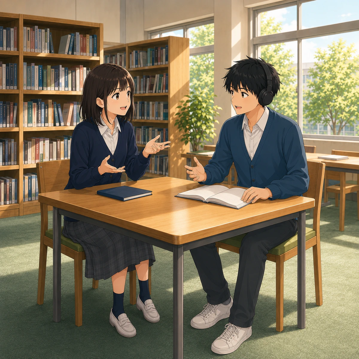 図書室で話す、勉強中の音楽の例題イラスト