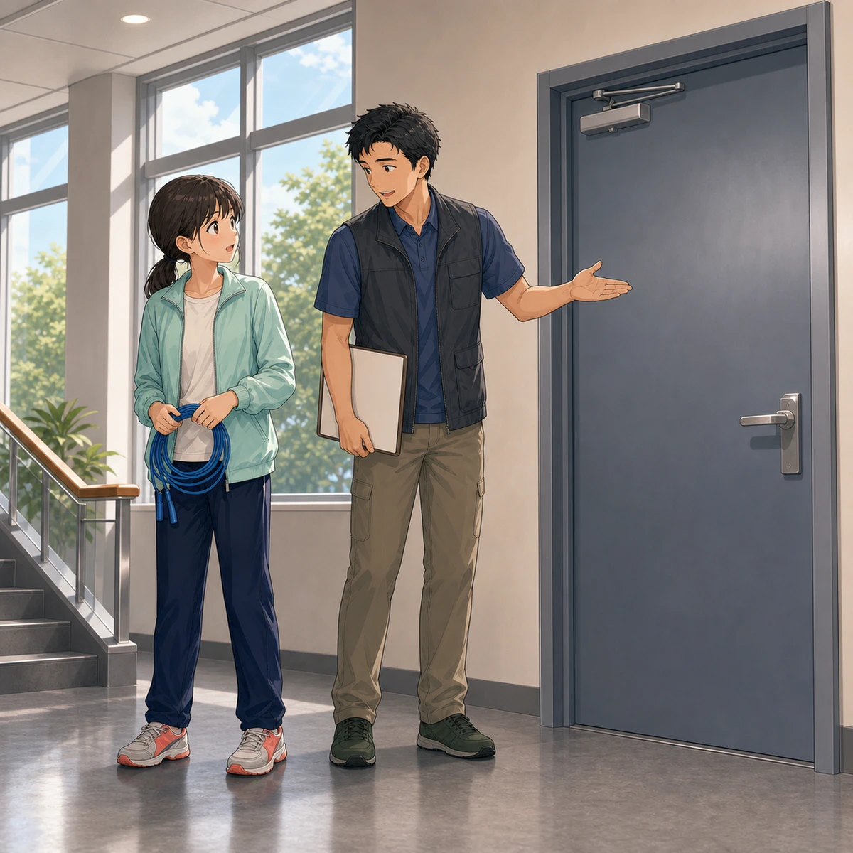 スポーツセンターの階段前での例題イラスト