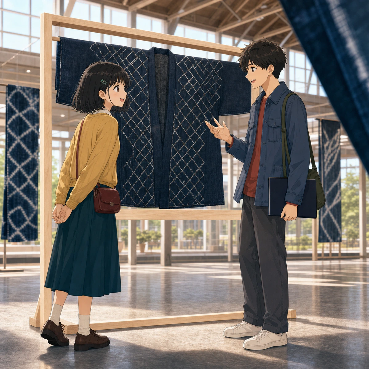藍色の布に並ぶ、白いひし形