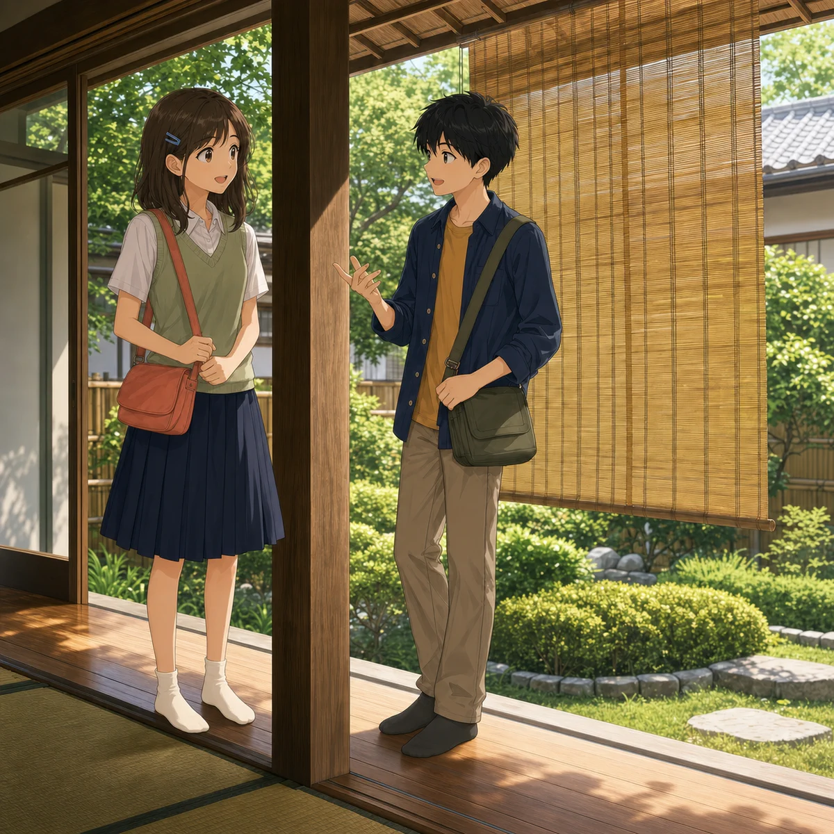 窓の外に掛ける、夏のすだれの例題イラスト