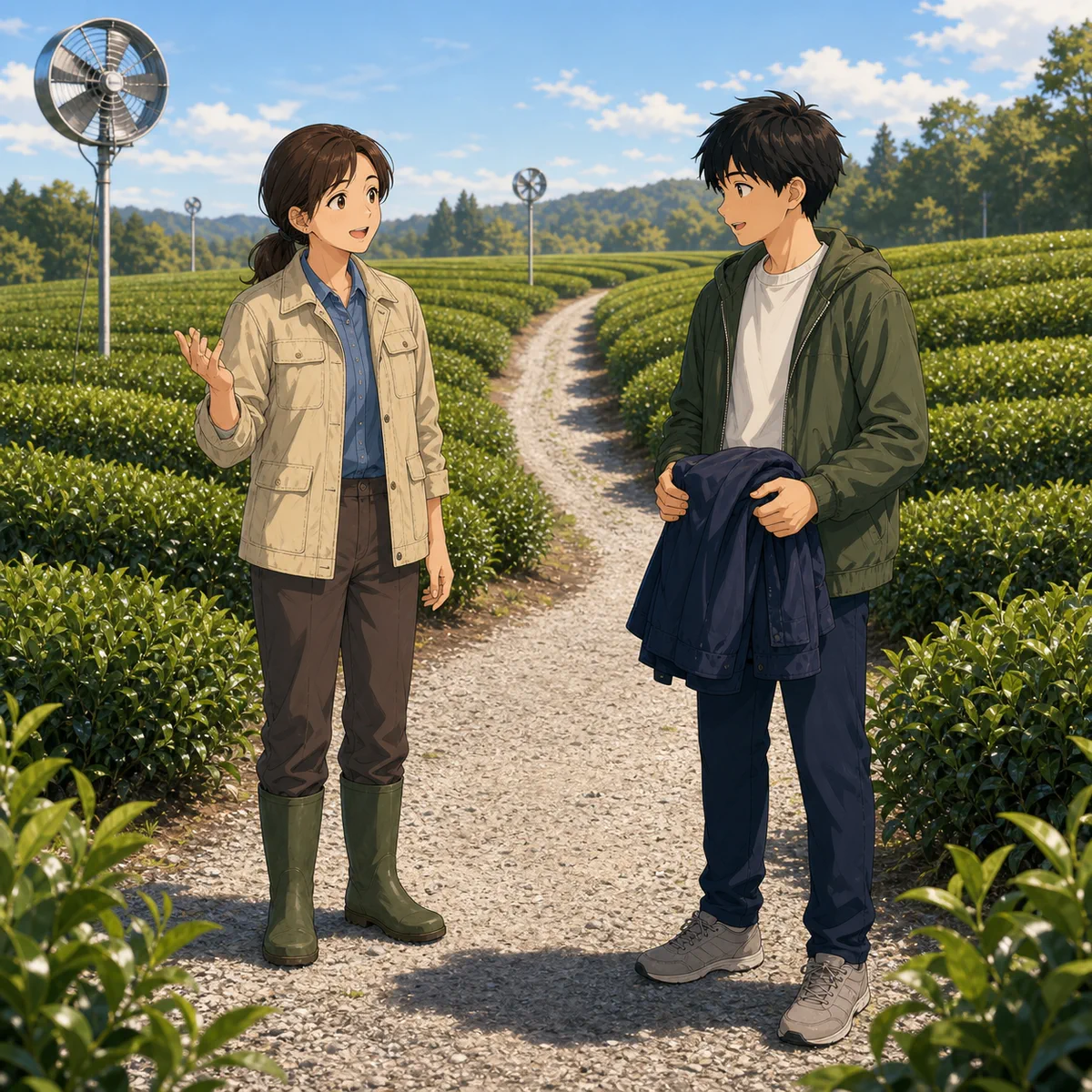 茶畑に立つ、高いファンの仕事