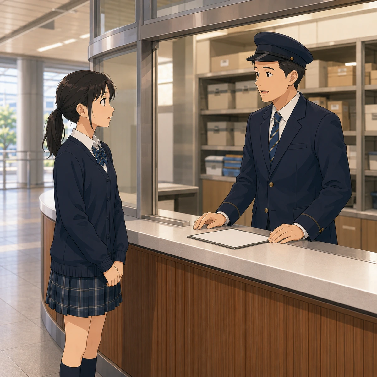 駅の忘れ物窓口でイヤホンケースを説明する