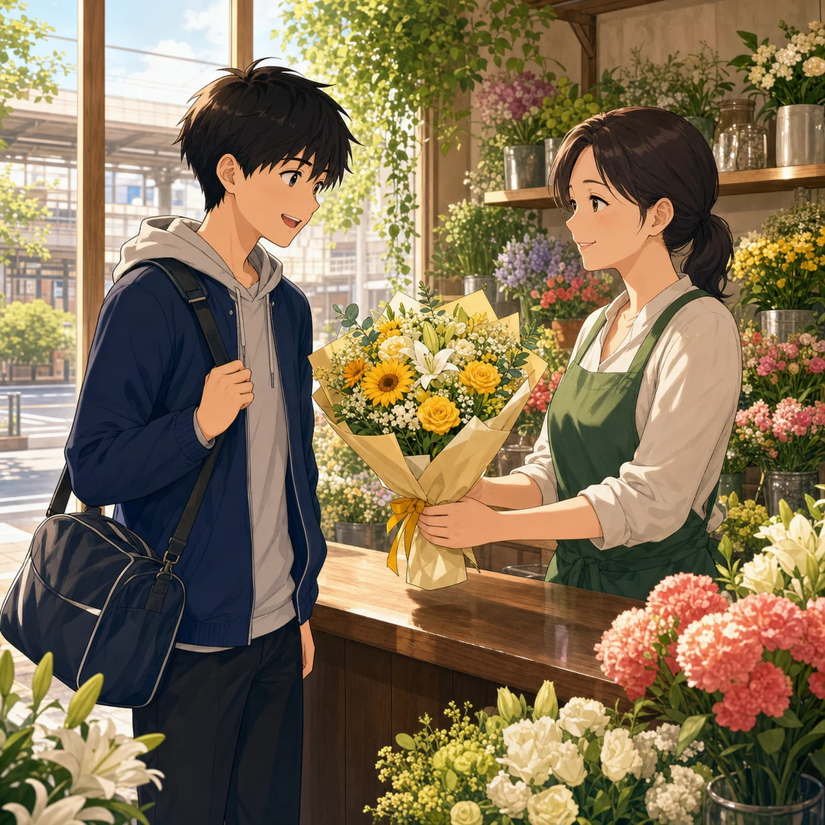 花屋で花束の受取時間を相談する