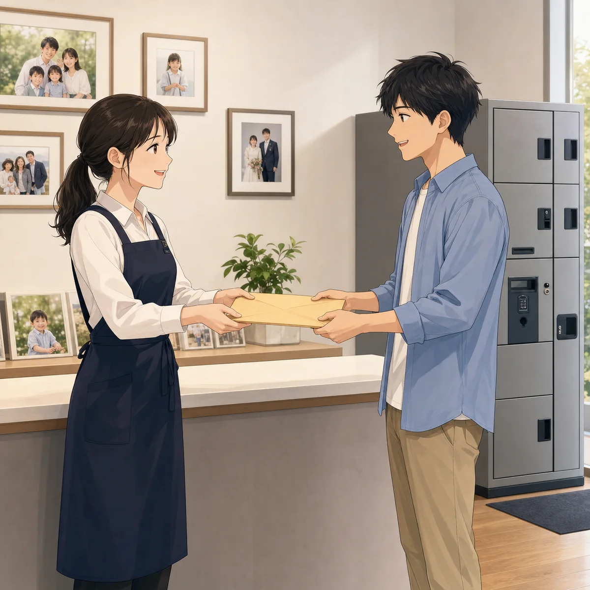 写真館で家族写真の受取方法を確認する