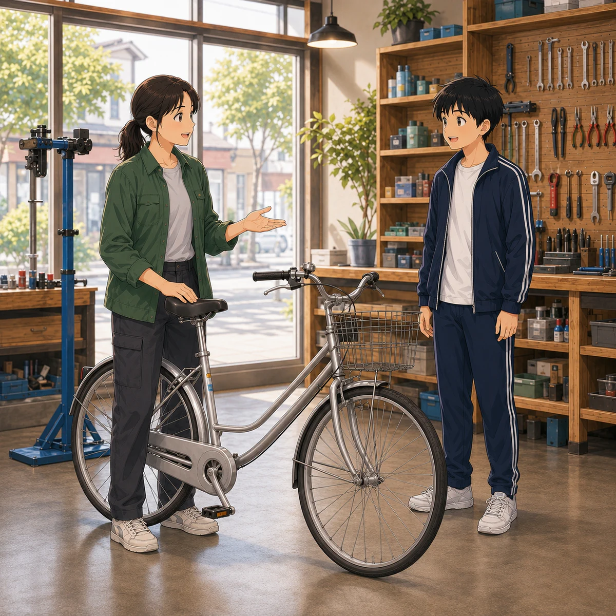 自転車店で修理の受取時間を確認する