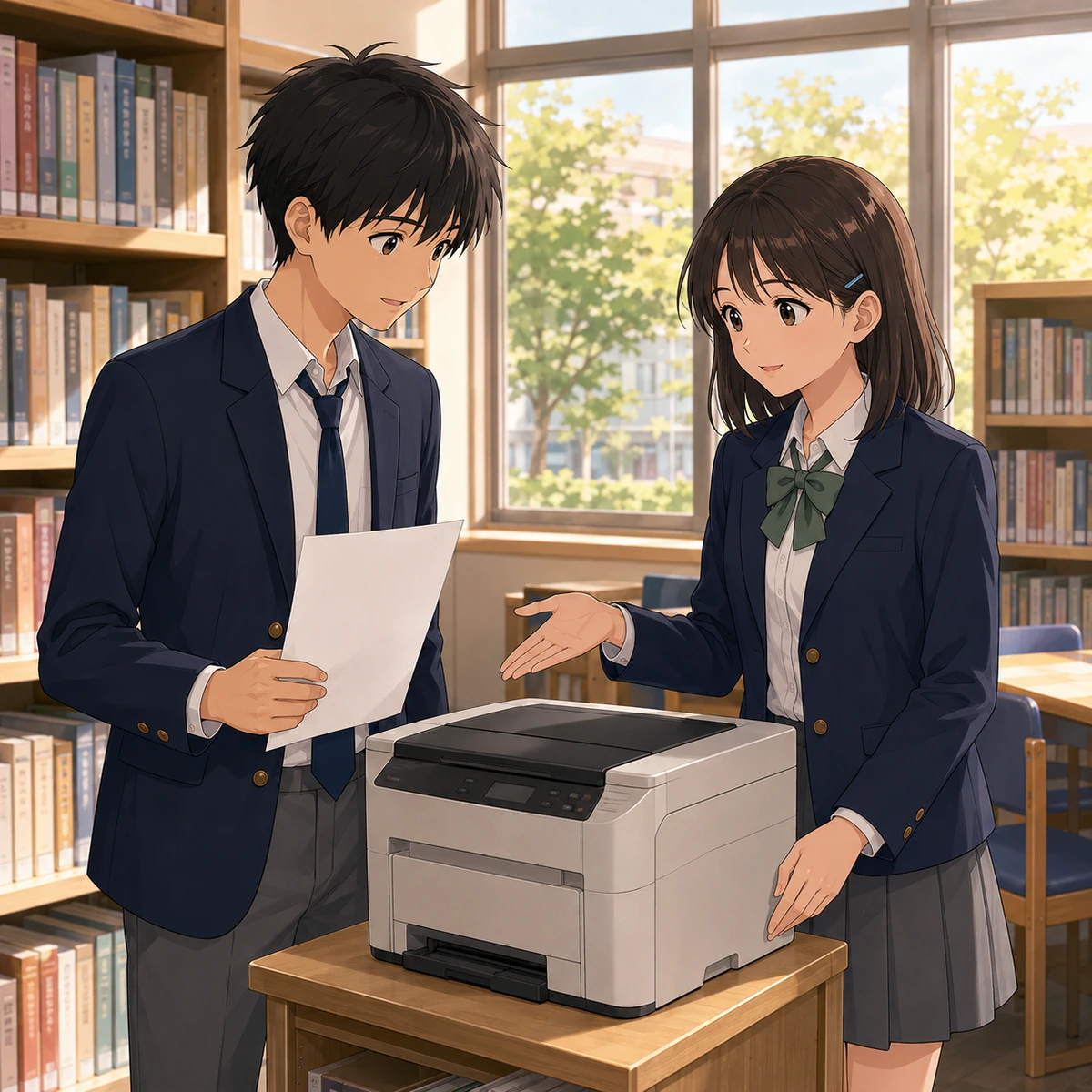 学校の図書室で理科レポートの印刷場所を確認する