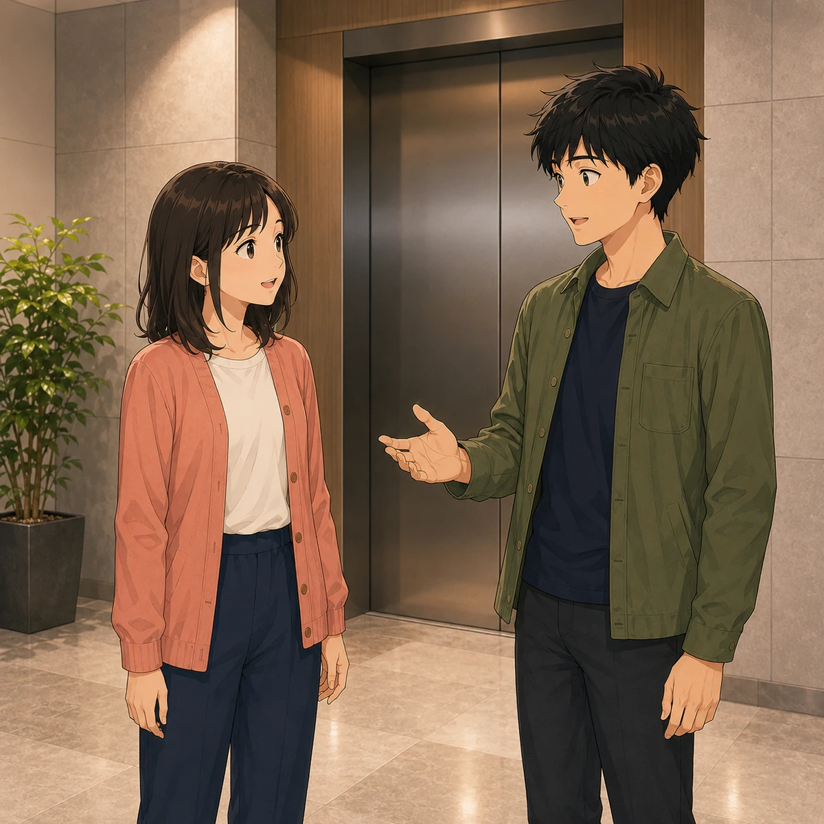 エレベーターで週末の話を広げる