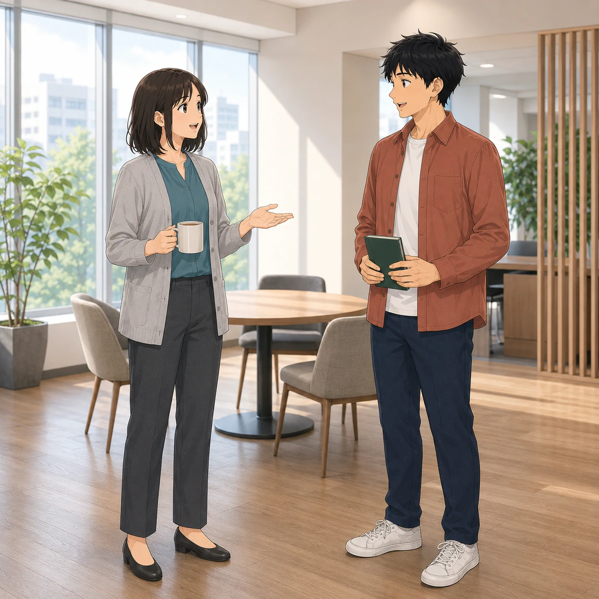 休憩室でミステリー小説の話を広げる