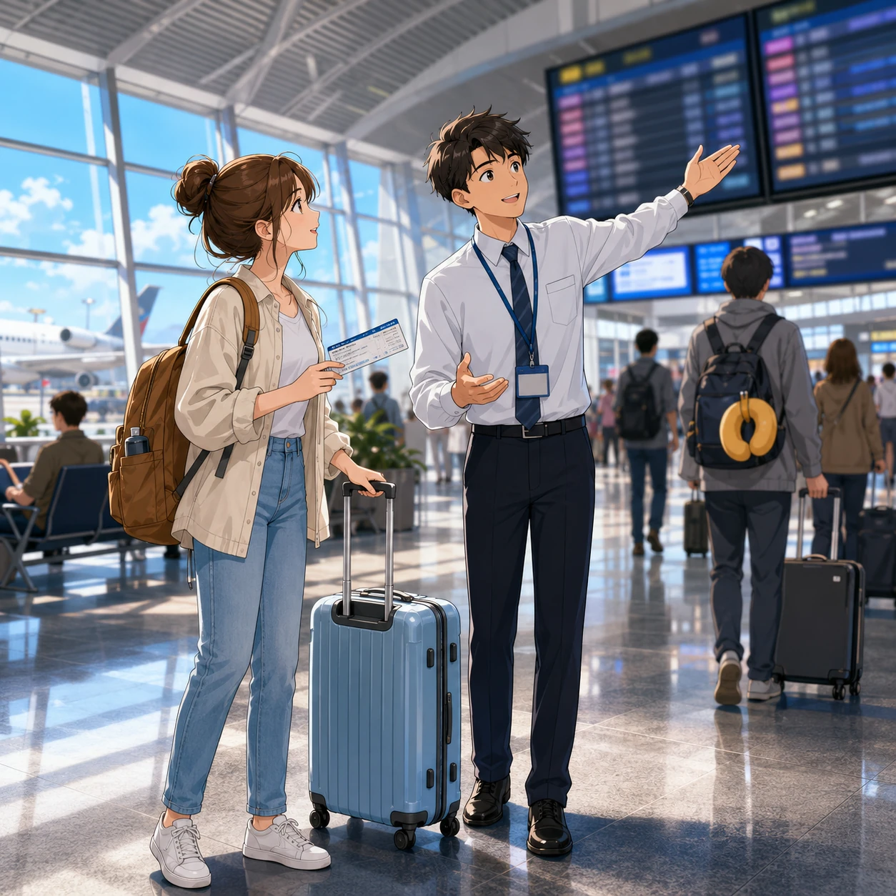 空港で乗り継ぎゲートの変更を確認する