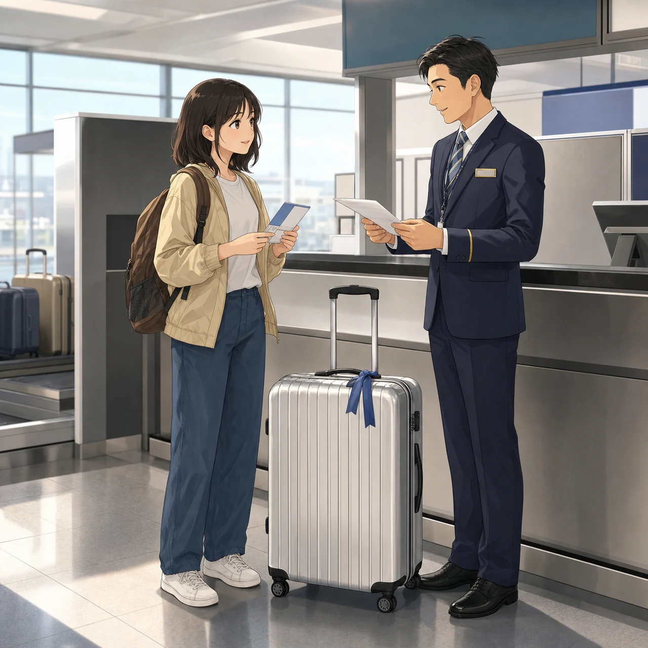 空港でスーツケースの行き先タグを確認する