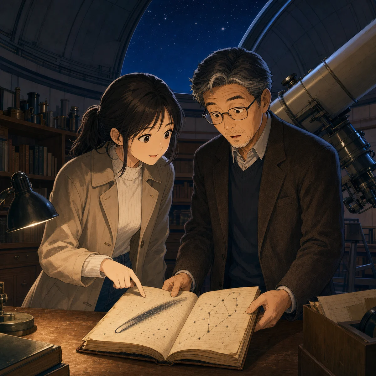 町の天文台で古い彗星観測ノートを調べる