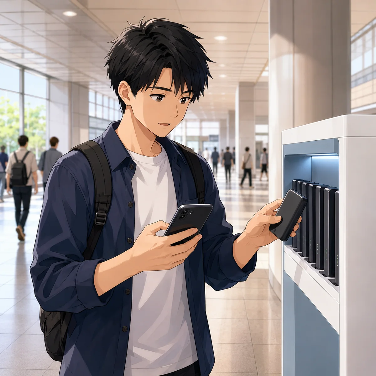 電子切符を見せるため駅で充電器を借りる