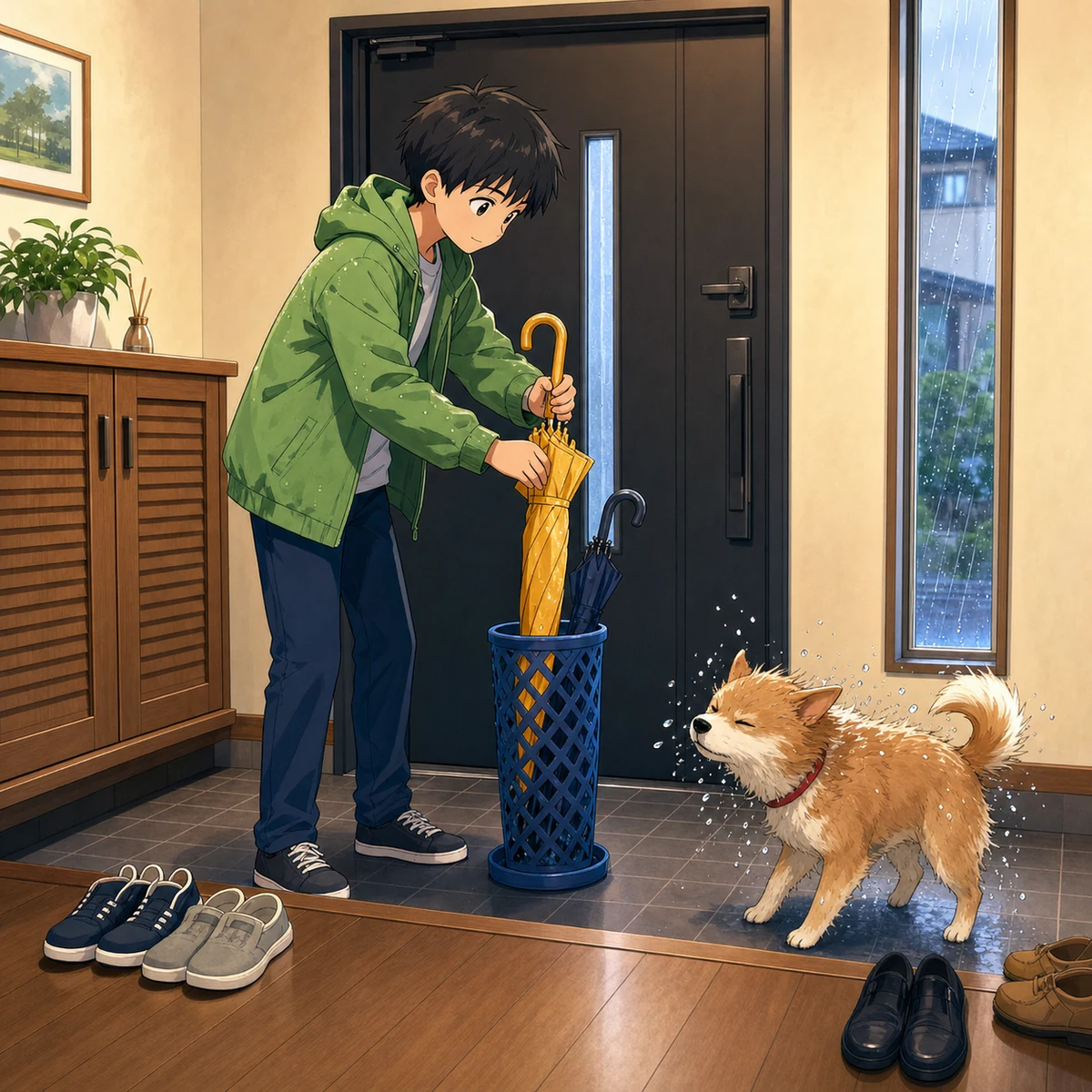 玄関でぬれた傘を片づける