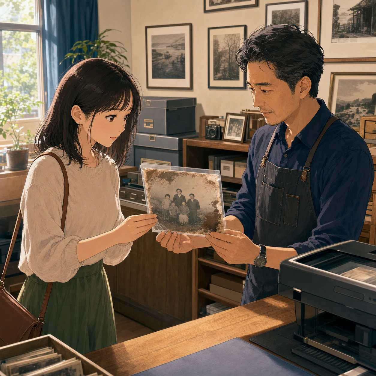写真店で修復された家族写真を受け取る