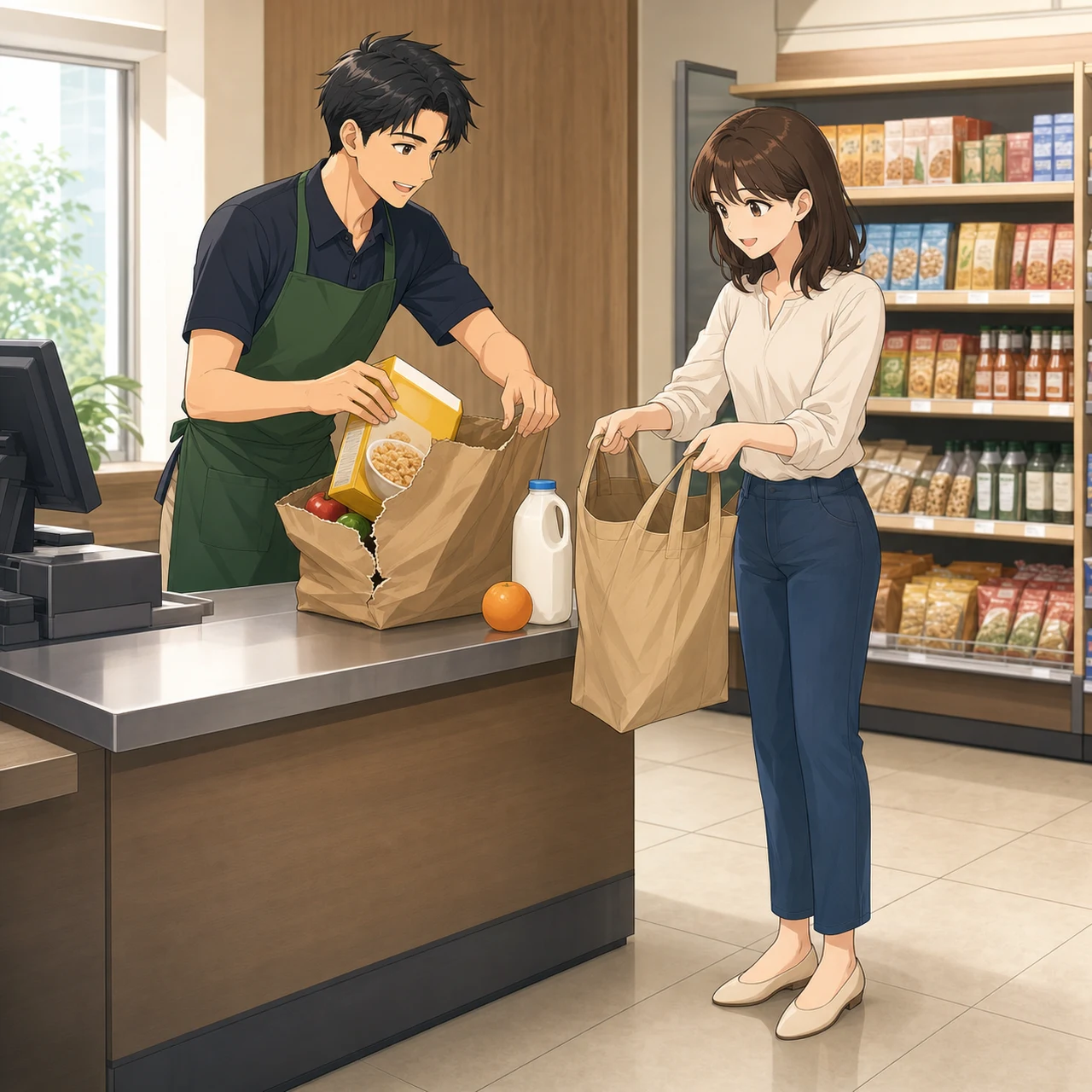 スーパーで破れた買い物袋を詰め替える