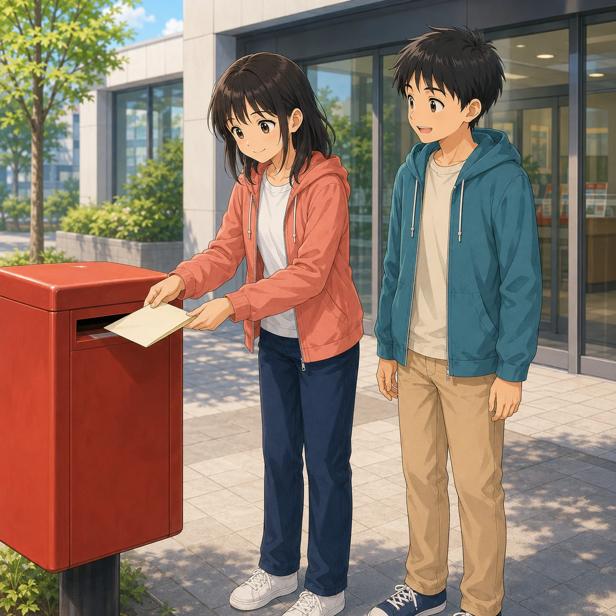 郵便局の前で手紙をポストに入れる