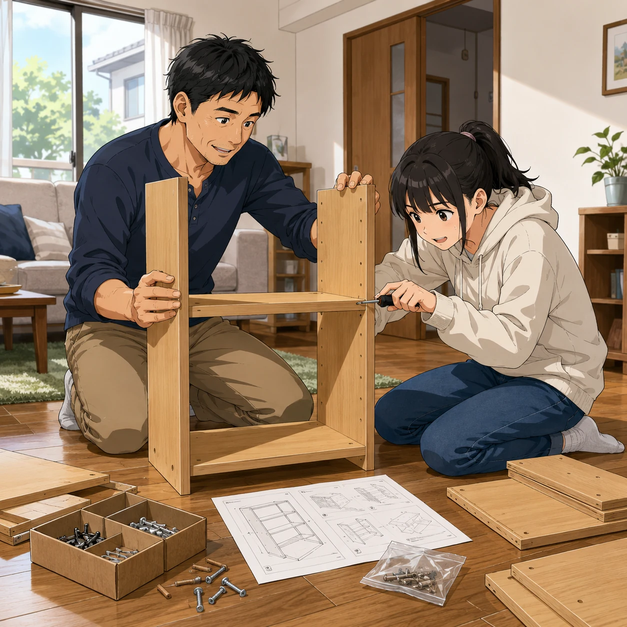 リビングで本棚を組み立てる