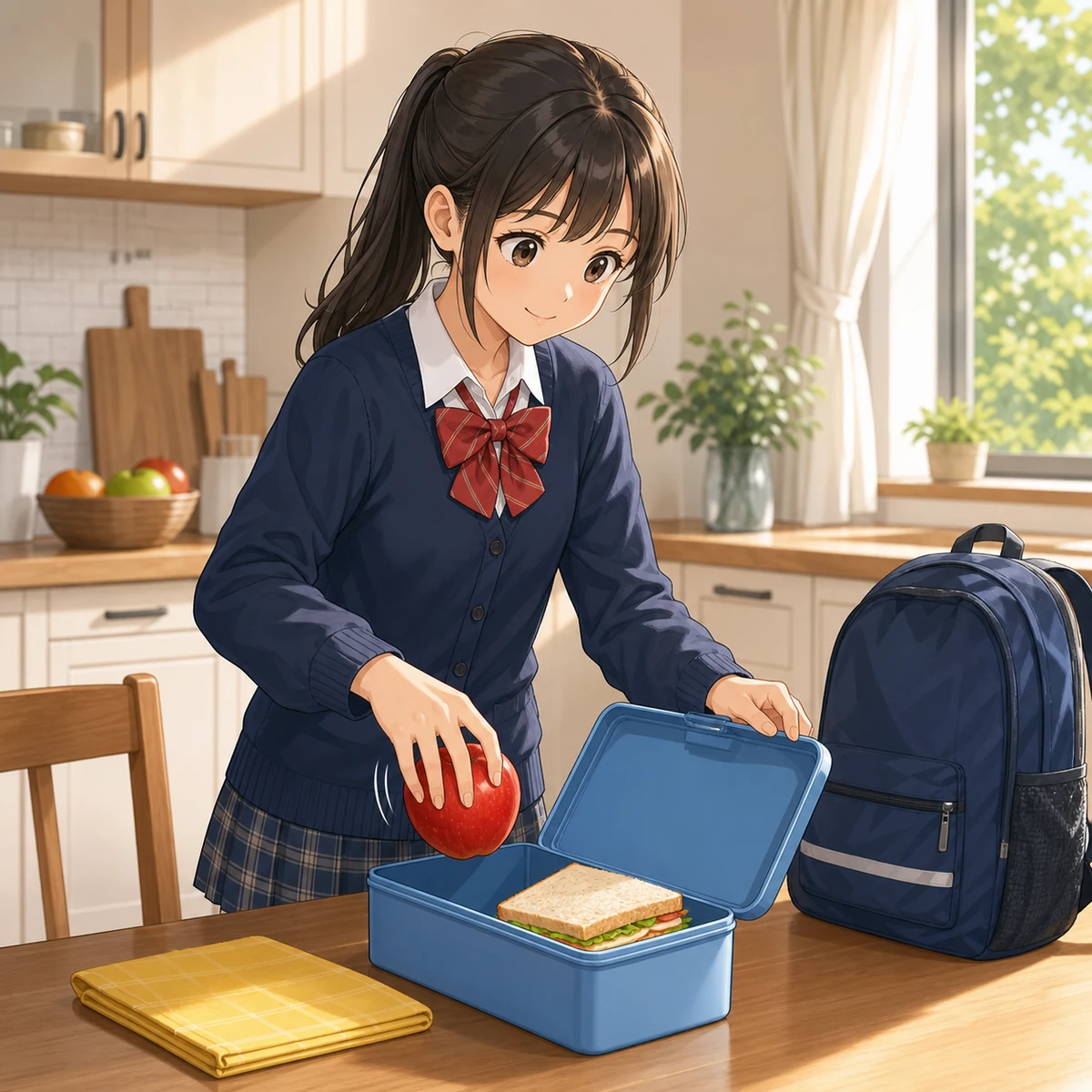 朝の台所でお弁当箱にりんごを入れる