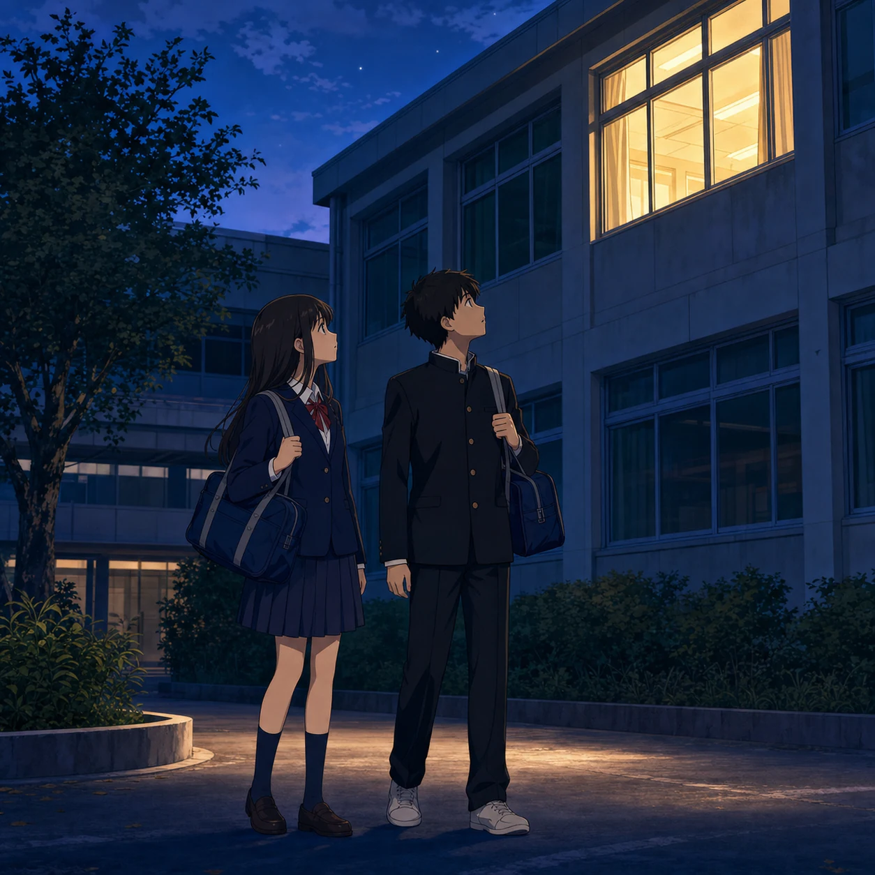 夕方の校舎で光る窓を見る