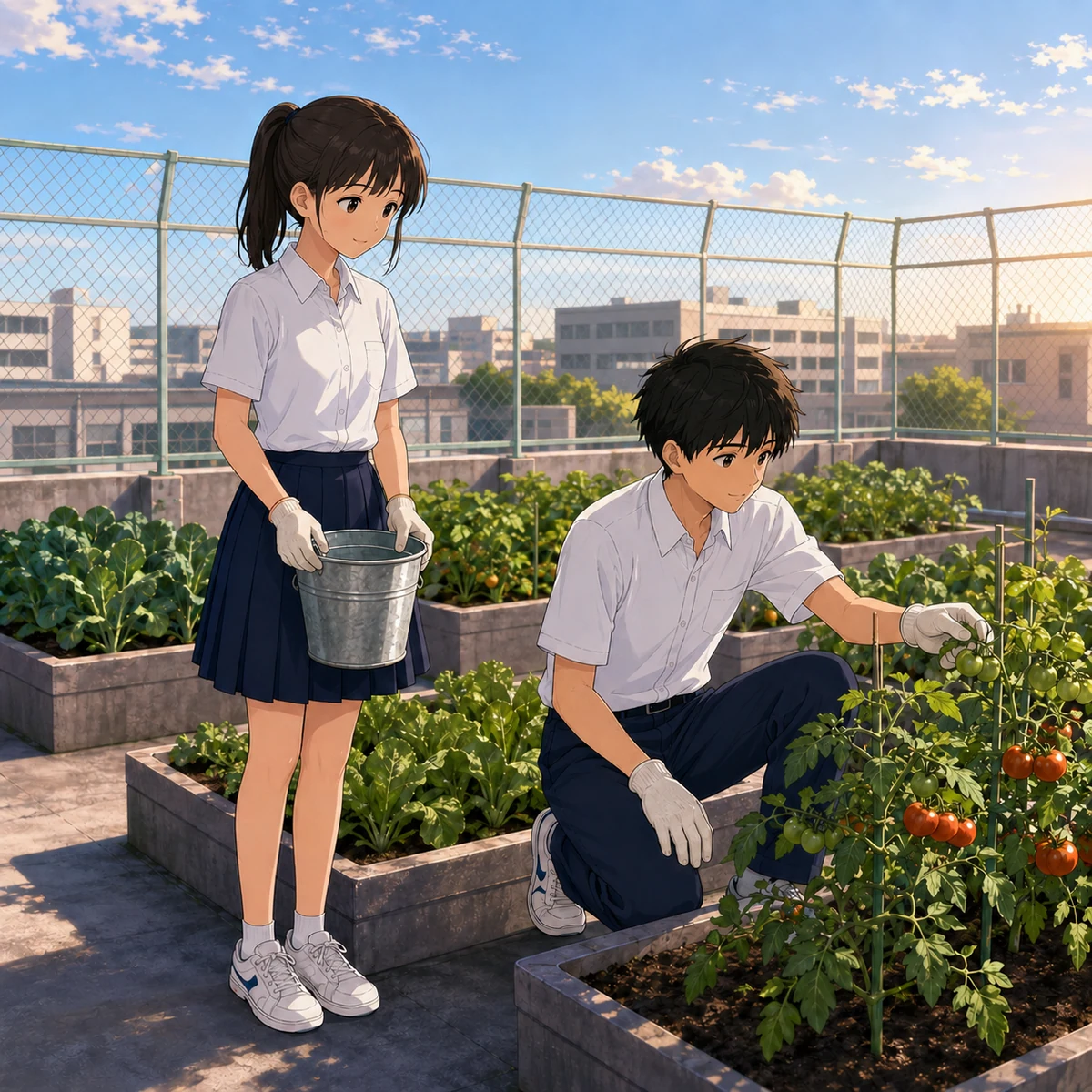 学校の屋上菜園で水やりを続ける