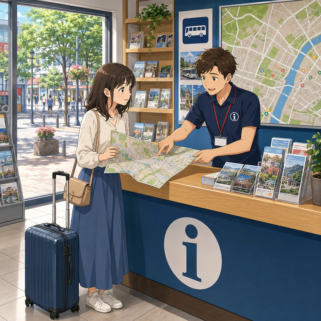 観光案内所でバス停を探す