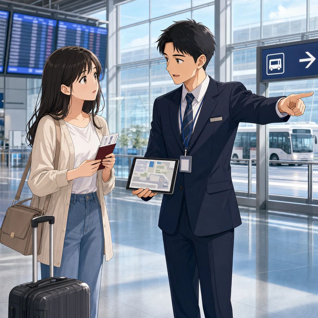 空港で乗り継ぎ便の搭乗口変更を確認する