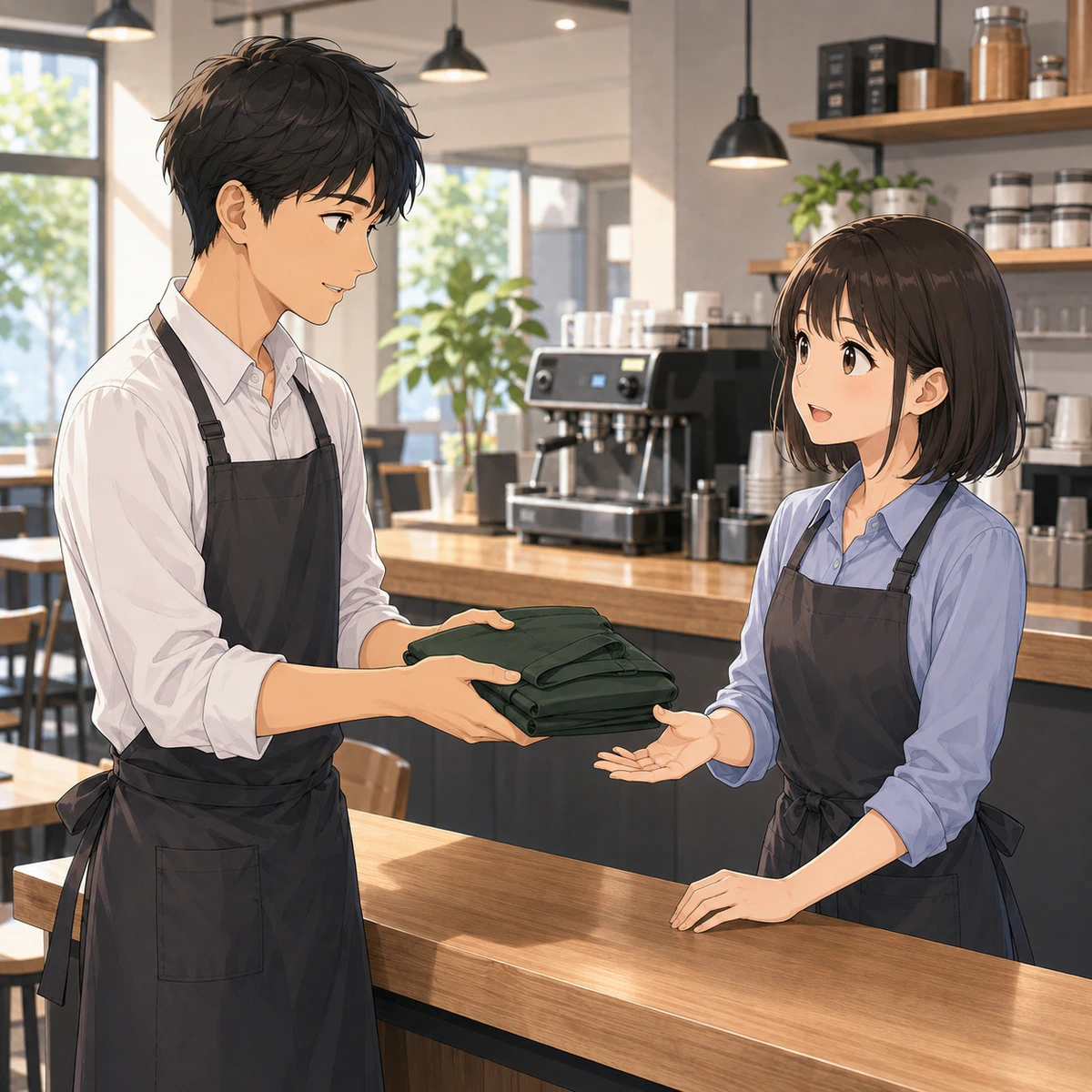 カフェの初日に予備のエプロンを借りる