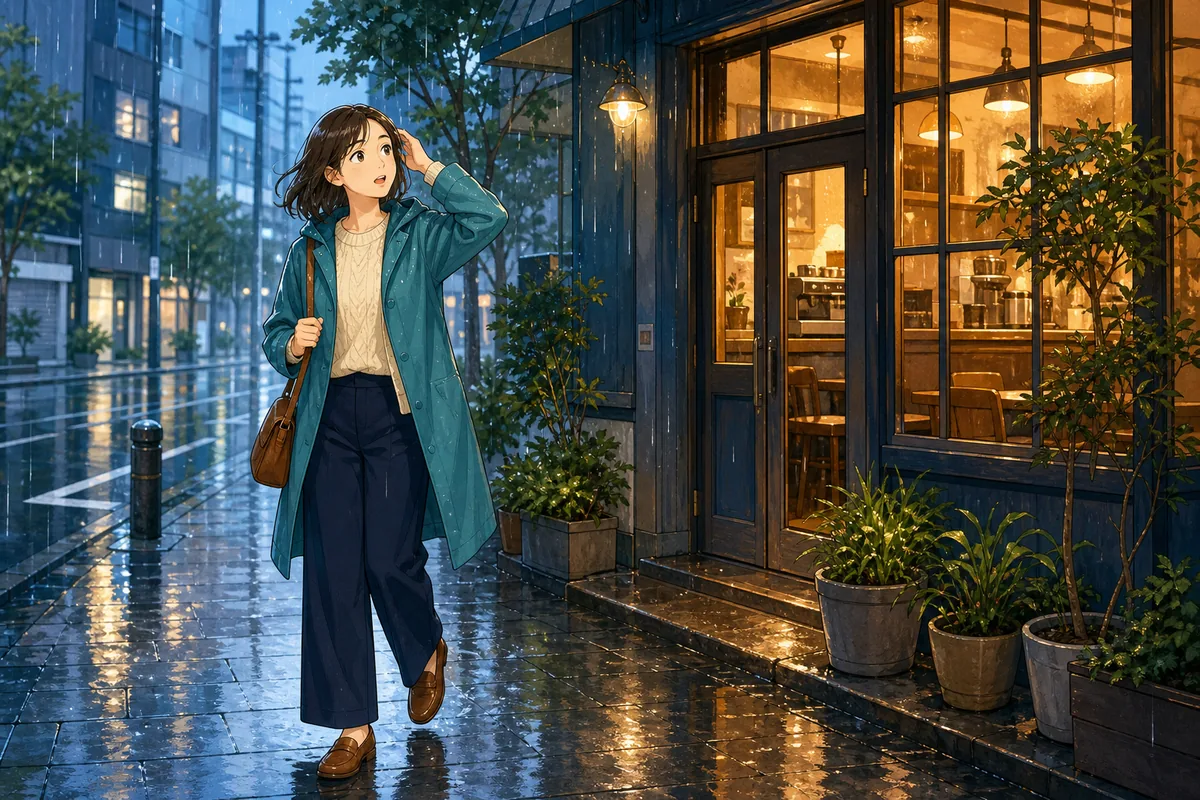 雨の中、明かりのついたカフェへ向かう女性