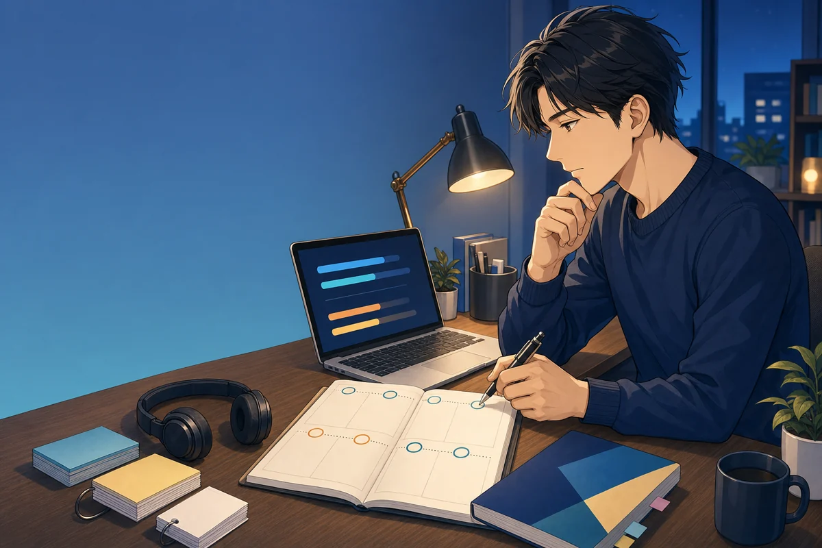 夜の机で8週間の英語学習を弱点別に計画する社会人